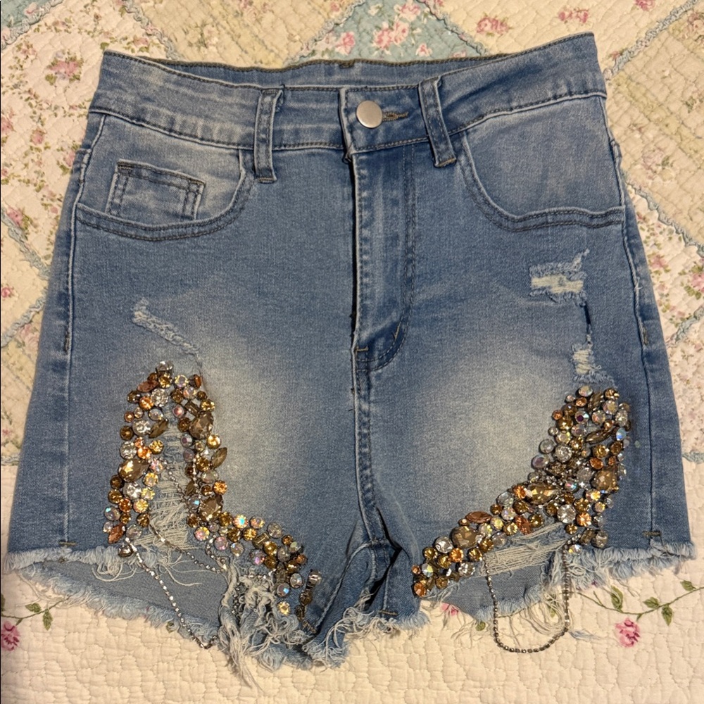 SHEIN Embellished Denim Shorts with Sparkling Accents
